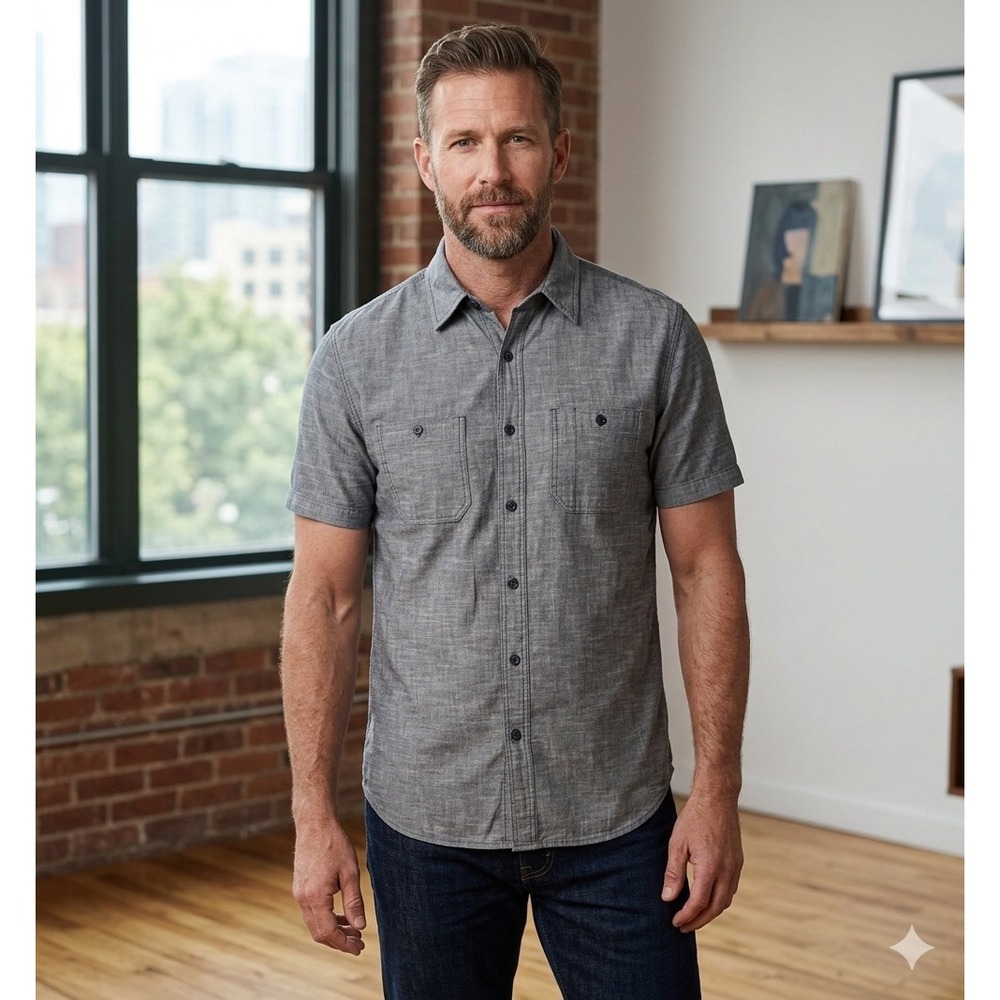 Old Navy Mens Grey Chambray Short Sleeve Slim Fit Button Down Shirt Large SP16
